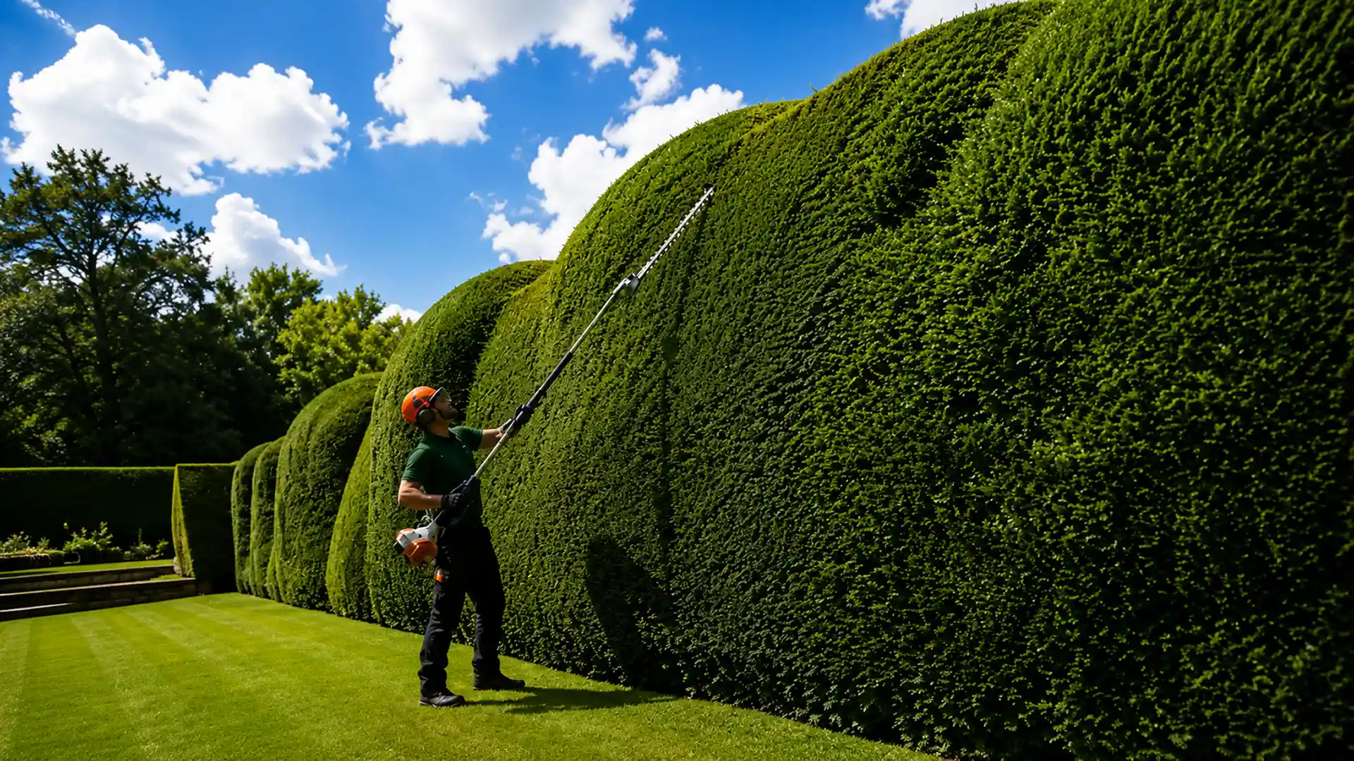 Person wearing protective gear trimming tall, dense hedge with a long pole trimmer on a sunny day.