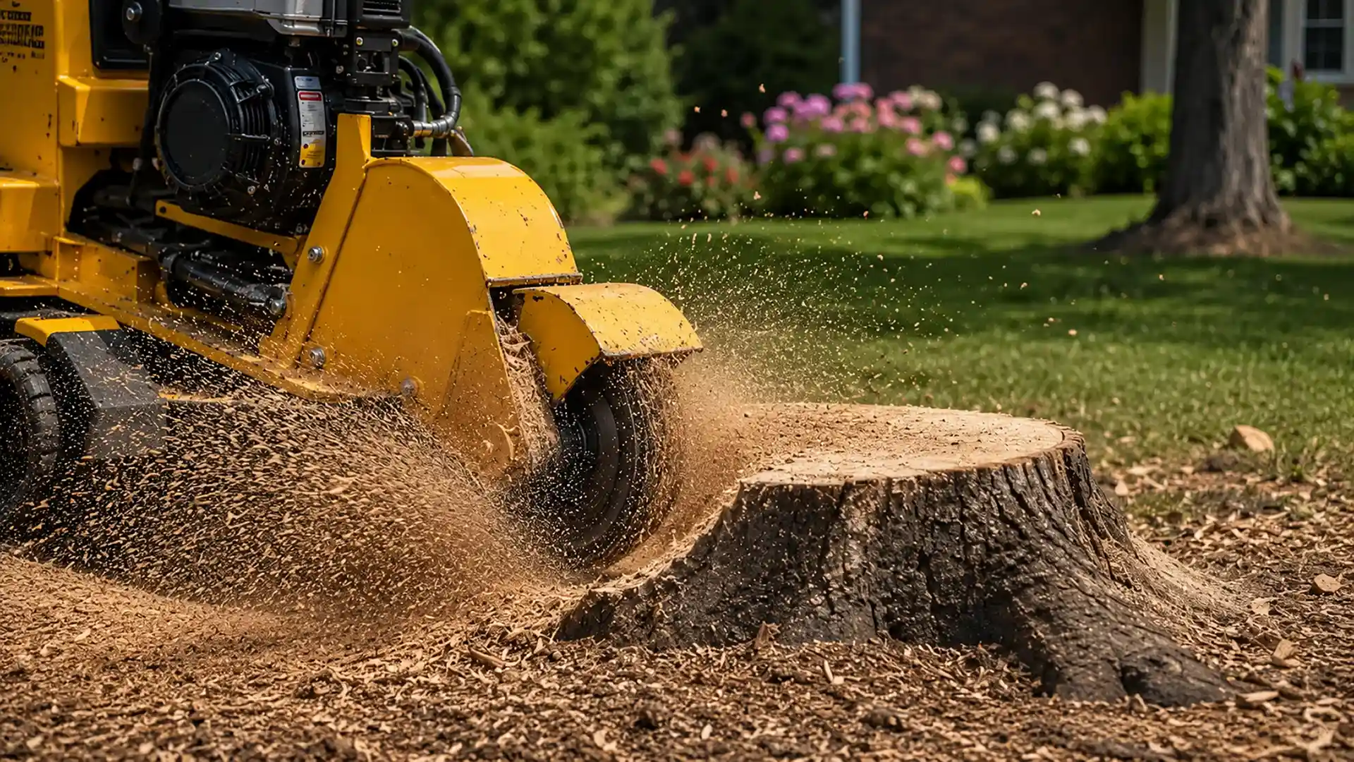 Yellow stump grinder cutting a large tree stump with wood chips flying in a green yard.