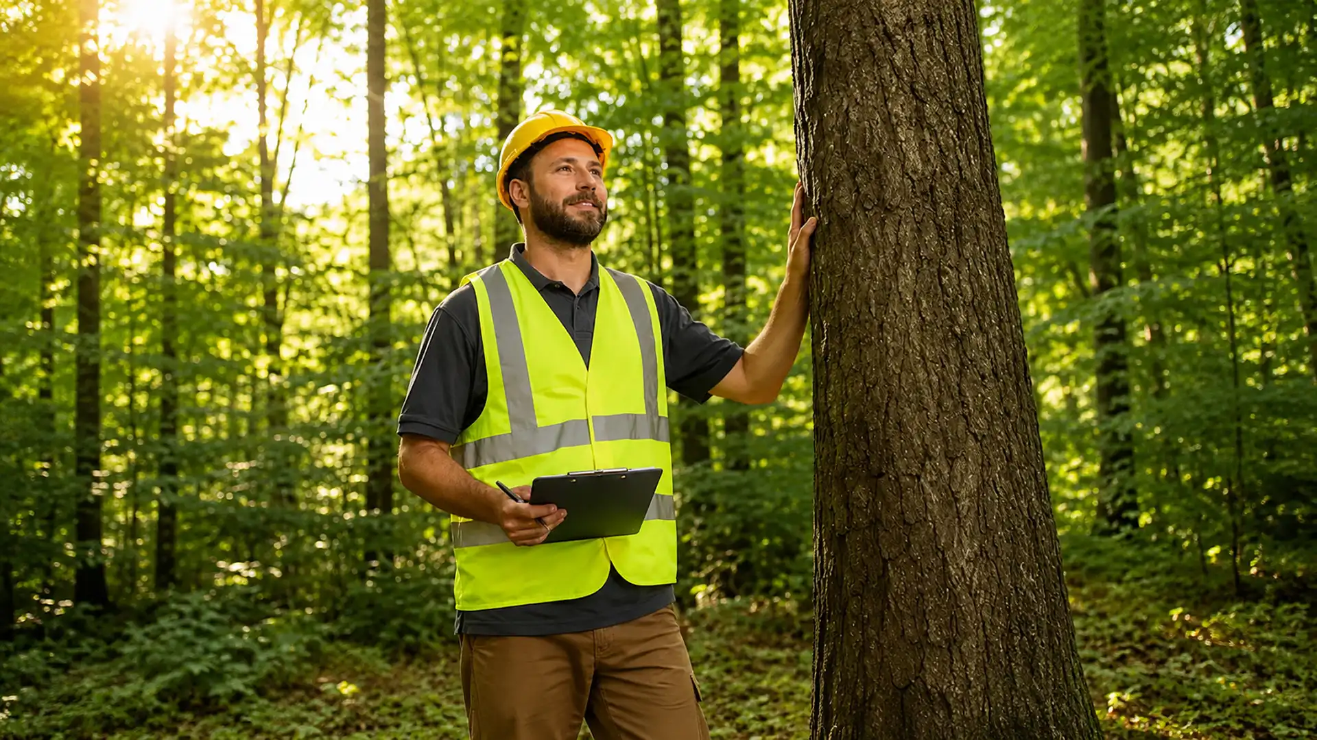 Man in safety vest and helmet holding clipboard, touching tree trunk in lush forest at sunlight.