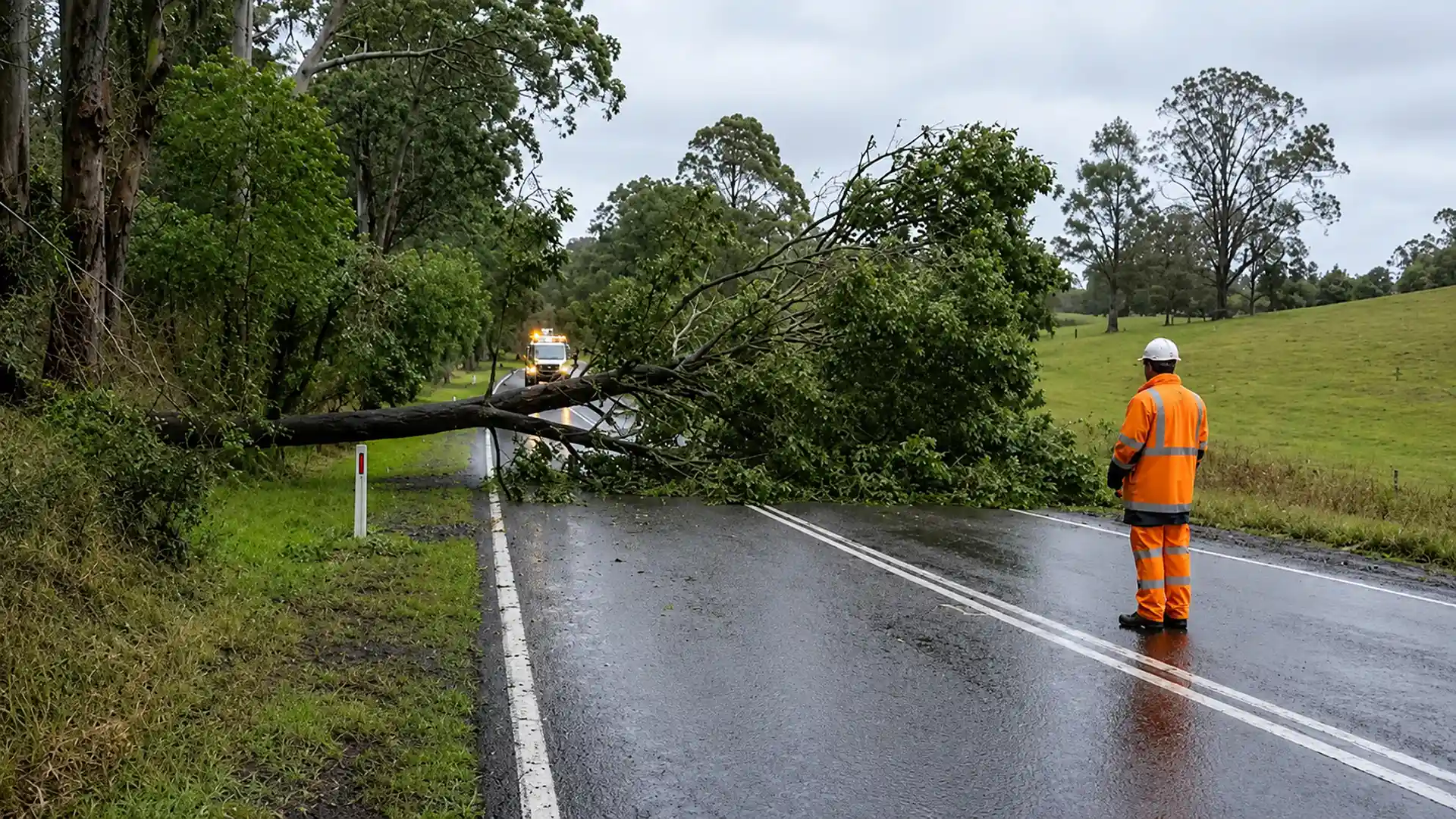 Worker in orange safety gear stands on wet road blocked by fallen tree with service truck approaching.