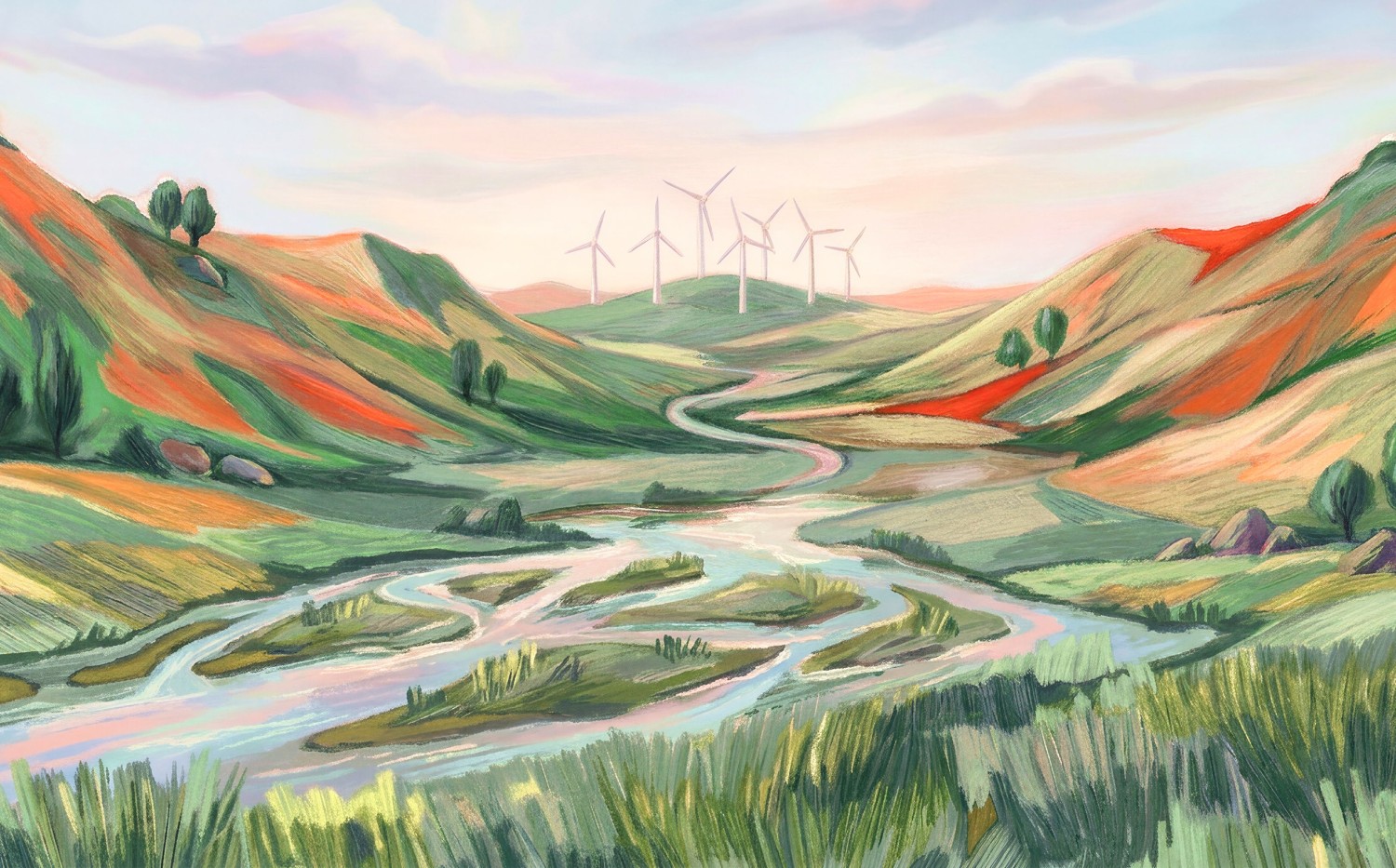 Painting of a winding river flowing through green and orange hills with wind turbines on the distant ridge.