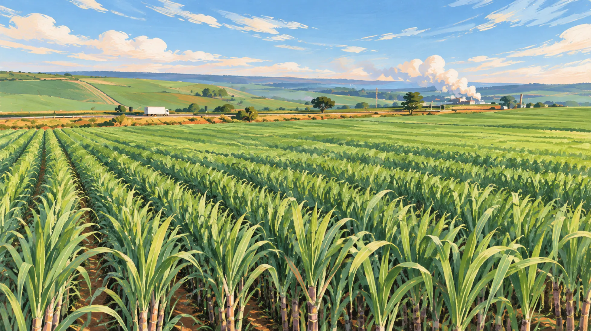 Painted illustration of a sugar cane field