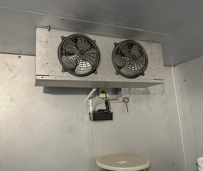 Walk-in freezer dual evaporator fan unit mounted inside a commercial freezer box