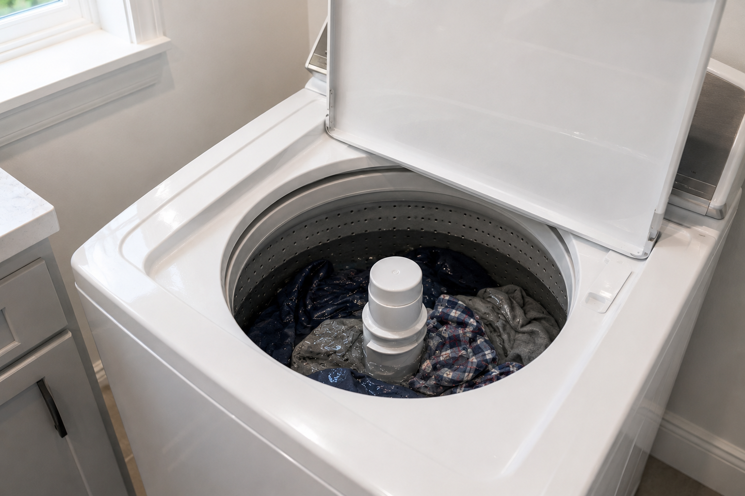 Top load washing machine filled with water and wet clothes
