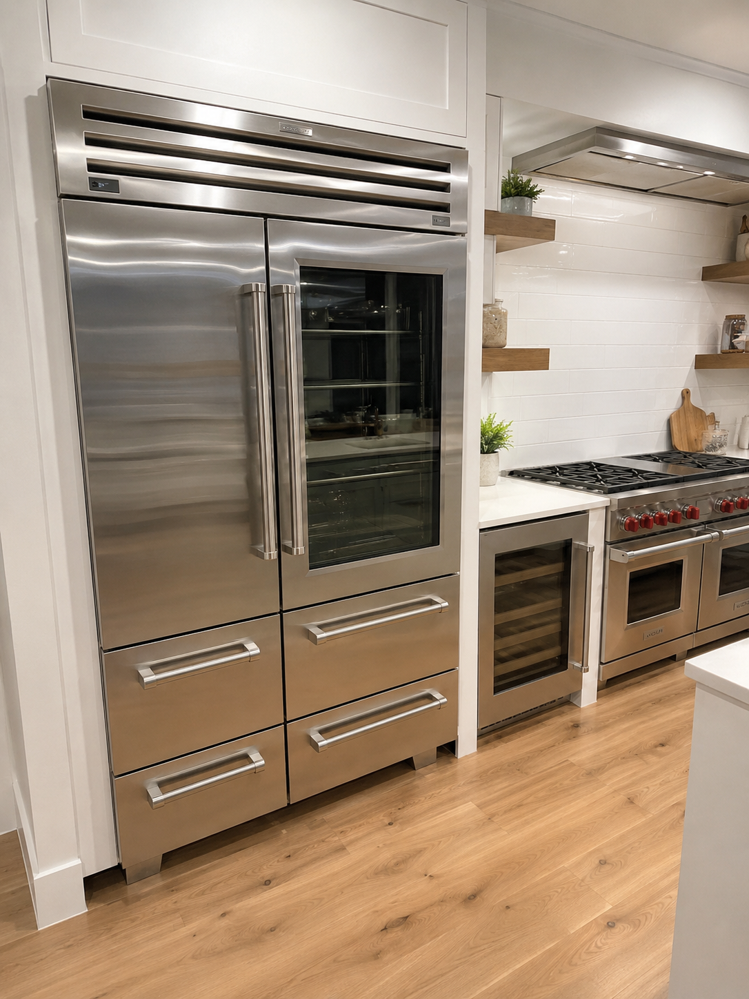 Stainless steel Sub-Zero refrigerator with glass door and freezer drawers in a white modern kitchen