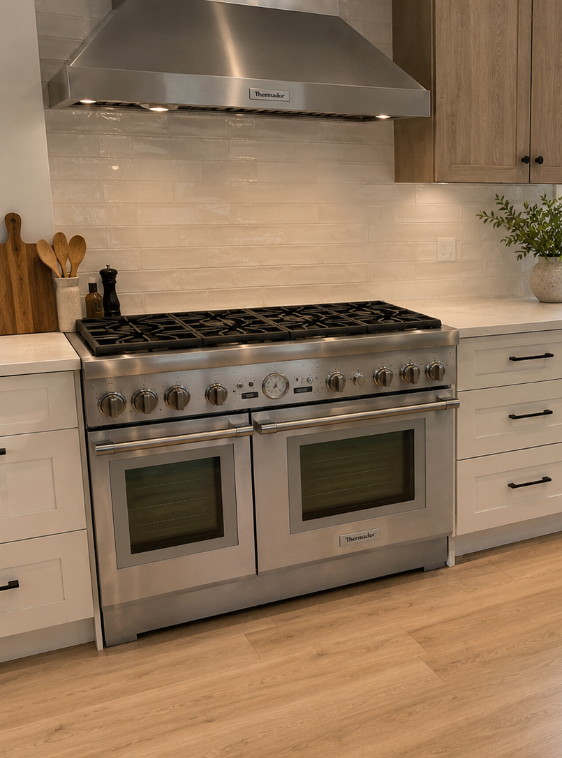 Stainless steel Thermador double oven range with gas cooktop and hood in a modern kitchen