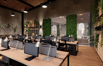 Modern office space with wooden desks, computer monitors, desk lamps, and vertical plant walls.