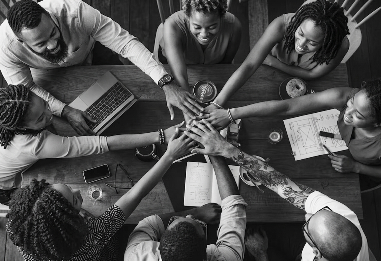 A group of seven diverse colleagues in a meeting room placing their hands together in a teamwork gesture around a table with laptops, coffee cups, and documents.