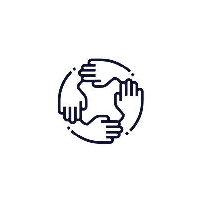 Icon of four hands connected in a circular pattern representing teamwork or collaboration inside a hexagonal border.