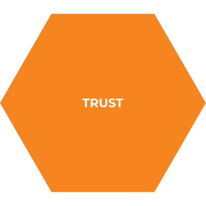 Orange hexagon with the word TRUST in white capital letters centered.