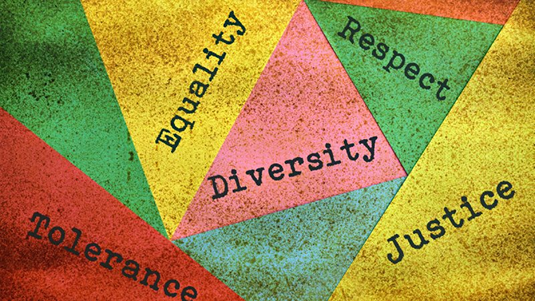Colorful geometric shapes with the words Diversity, Equality, Respect, Justice, and Tolerance written on them.