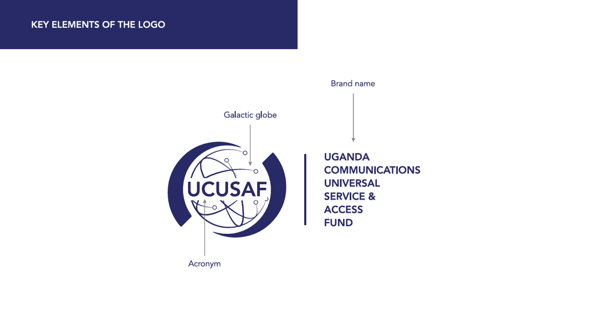 Logo with a galactic globe containing interconnected lines around the acronym UCUSAF and the brand name Uganda Communications Universal Service & Access Fund.