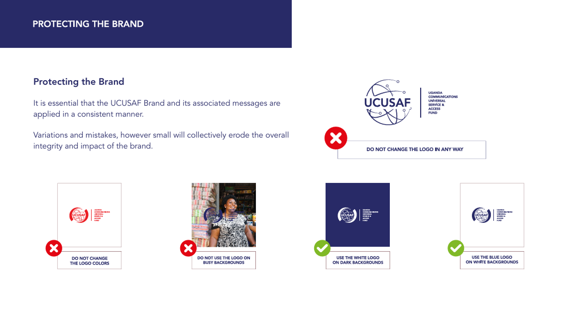 Guidelines for protecting the UCUSAF brand with instructions not to change logo colors, not to use logo on busy backgrounds, and to use the white logo on dark backgrounds and blue logo on white backgrounds.