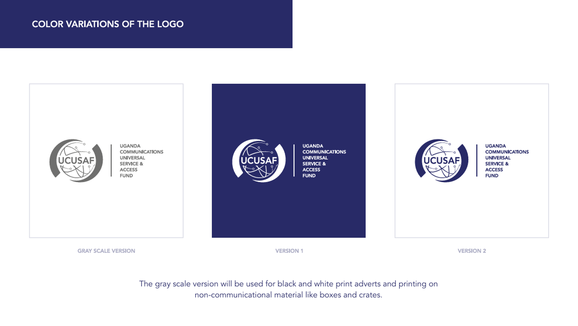 Three color variations of the UCUSAF logo with text 'Uganda Communications Universal Service & Access Fund' in gray scale, white on dark blue, and dark blue on white backgrounds.