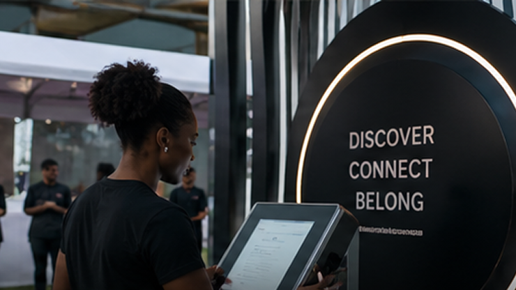 Woman interacting with a touchscreen kiosk in front of a wall displaying the words Discover Connect Belong.