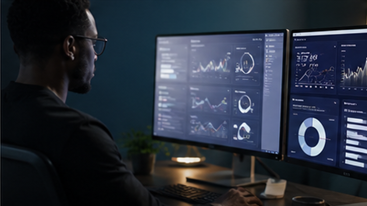 Person viewing dual monitors displaying various data analytics charts and graphs in a dimly lit room.