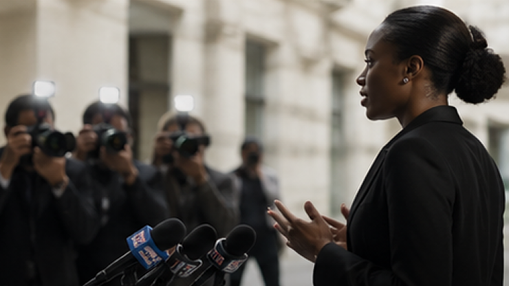 Woman in professional attire speaking in front of multiple microphones while photographers take pictures.