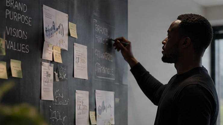 Man writing on a blackboard covered with sticky notes and pinned papers about brand strategy concepts.
