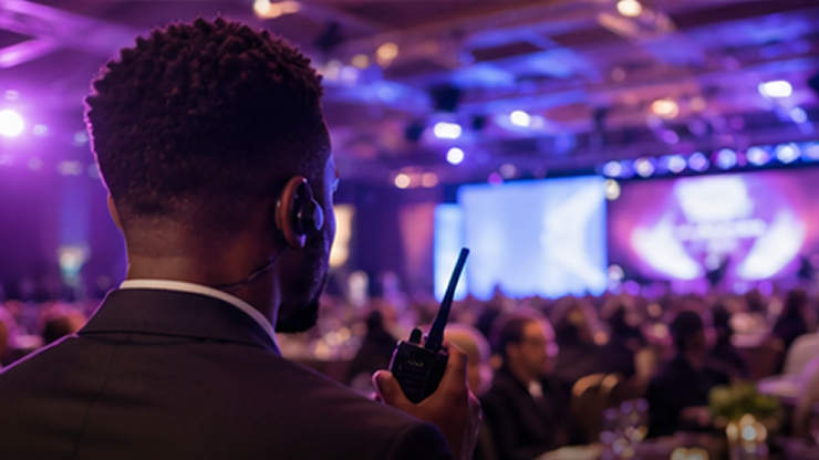 Event security personnel using a walkie-talkie with a blurred audience and stage in the background.