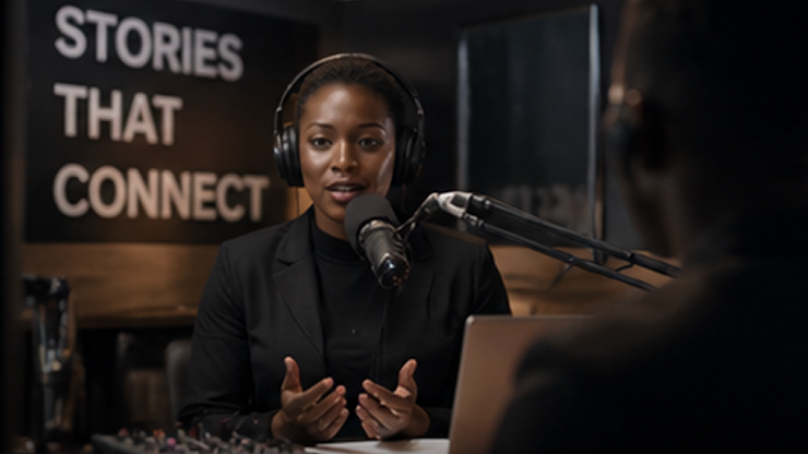 Woman wearing headphones speaking into a microphone in a podcast studio with 'Stories That Connect' sign in the background.