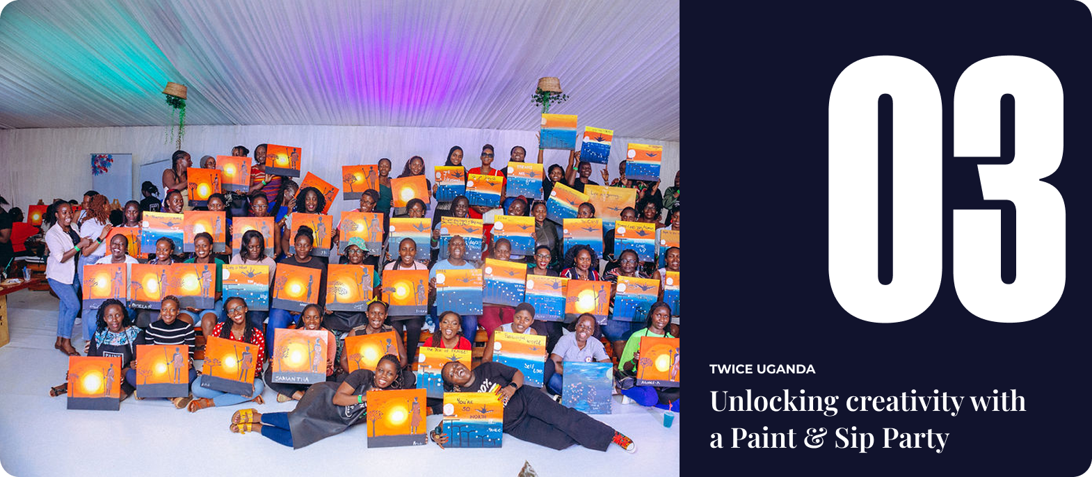 Large group of people holding up their sunset-themed paintings at a Paint & Sip Party event.