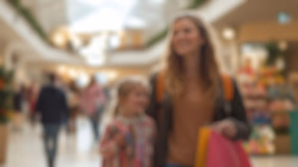 Myopia Control Techniques? Defocused Background of Happy mother and daughter walking in shopping mall with colorful bags and joyful expressions on their faces. Blurred Background Photo.