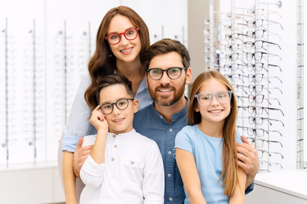 See the Good: Help Us Fill Backpacks for the Boys and Girls Club This Summer!  Portrait of young smiling family hugging choosing stylish glasses in modern optical store. Vision concept .