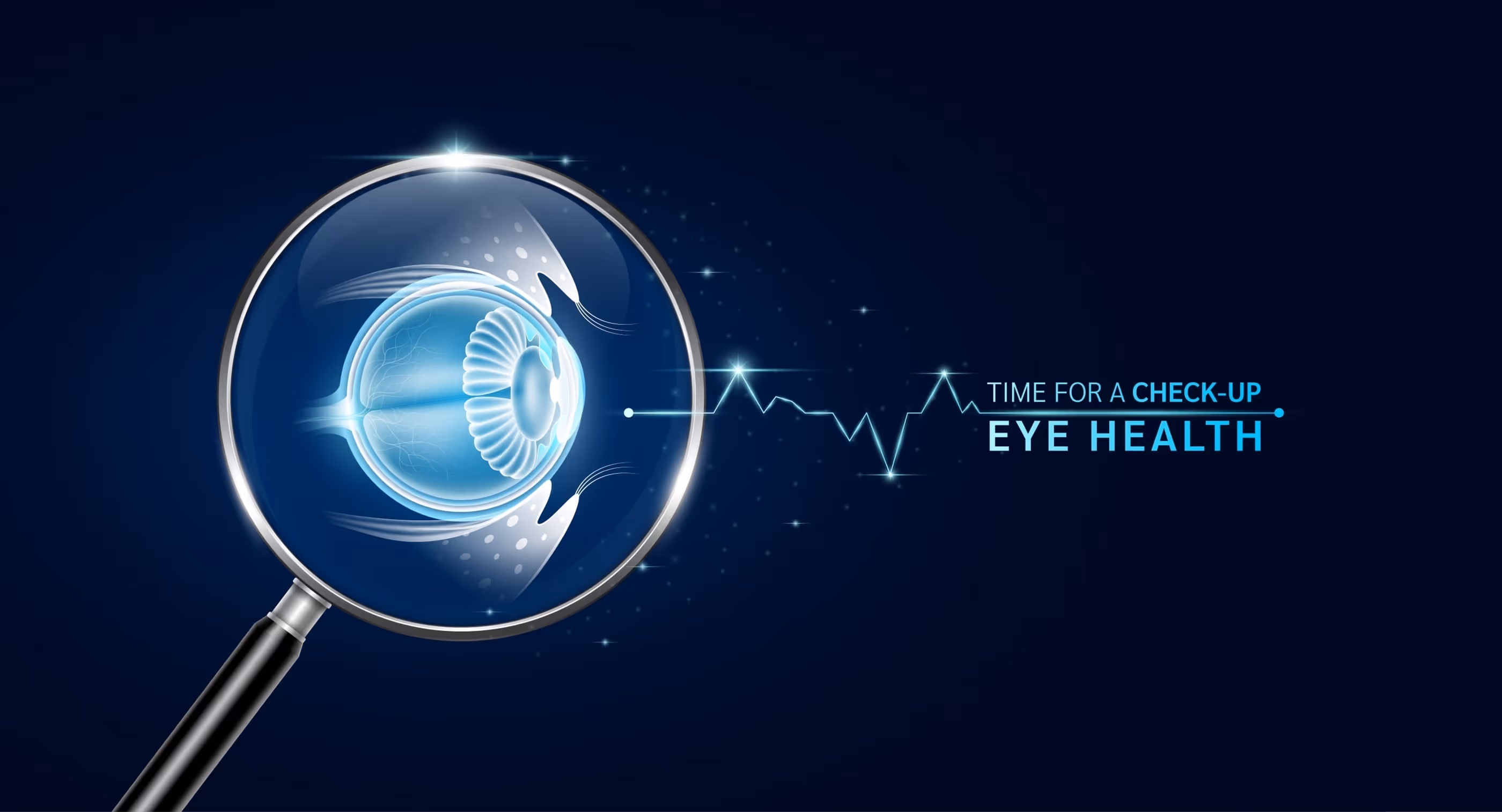 Contact Lenses. Eye inside magnifying glass with scan search. Health care medical check up too innovative futuristic digital technology. Body health checkup examining organ and blue glowing neon heart pulse. Vector.