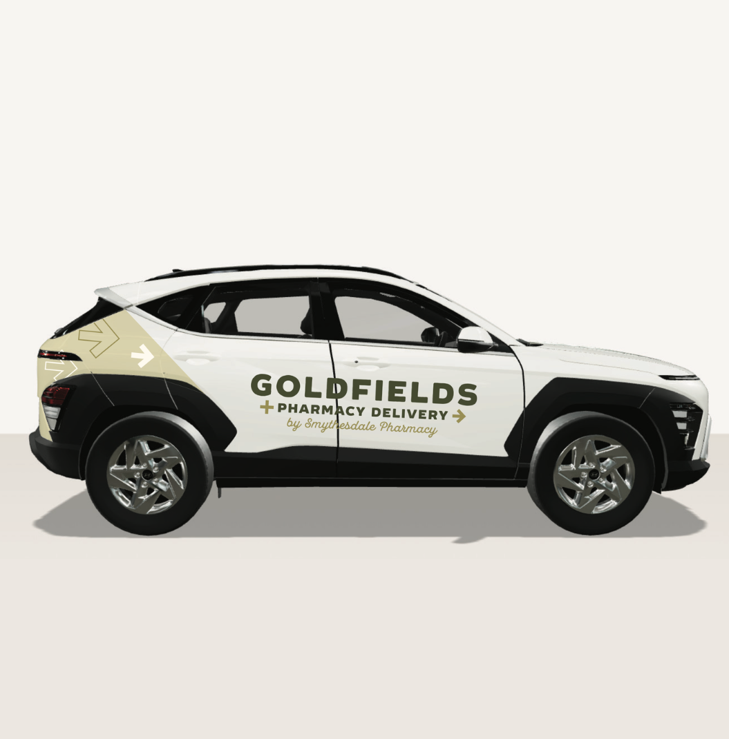 Delivery car branded with Goldfields Pharmacy Delivery logo