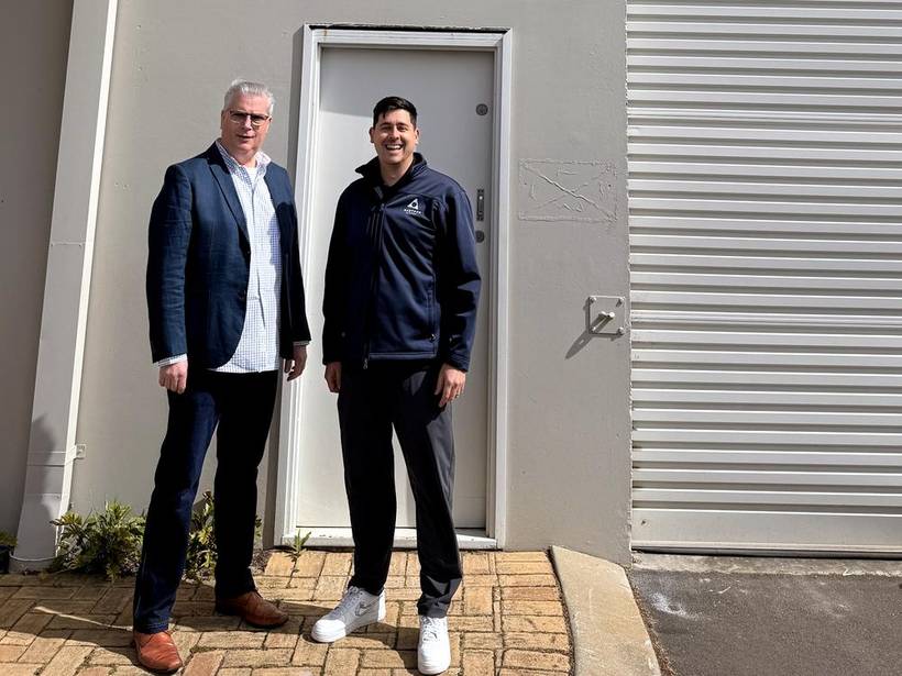 Sam Zacha of MOXI HA Services and Josh Gomes of Haztech Solutions outside the shared Osborne Park facility