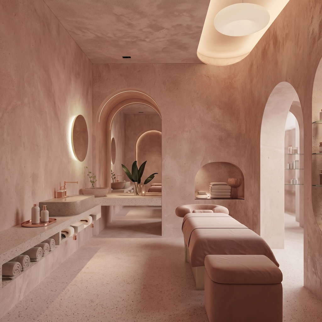 Premium skin care clinic interior — luxurious minimalist spa with warm wood accents and soft lighting