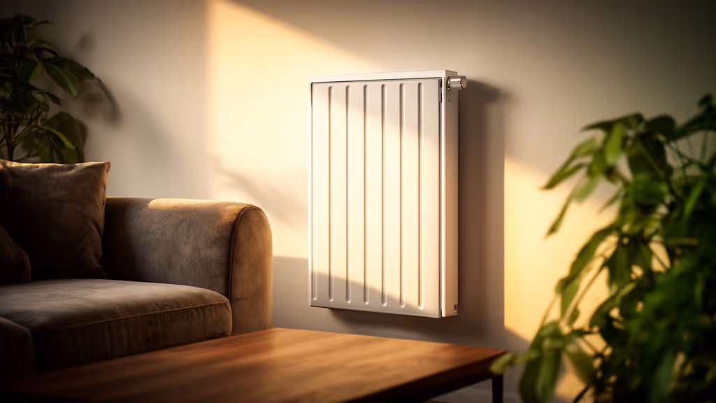 Weiße Heizkörperheizung an einer Wand in einem Wohnzimmer mit Sofa, Holztisch und Pflanzen.