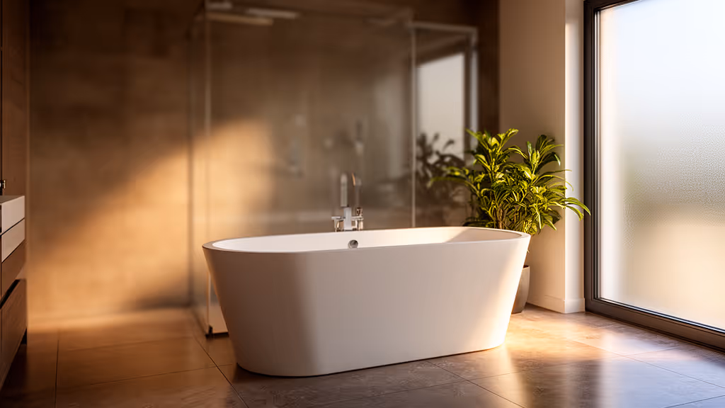 Modernes Badezimmer mit freistehender weißer Badewanne neben einer großen Fensterfront und einem grünen Pflanzenkübel.