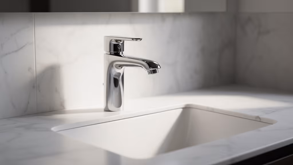 Moderner verchromter Wasserhahn auf einem weißen Waschtisch mit Marmoroptik.