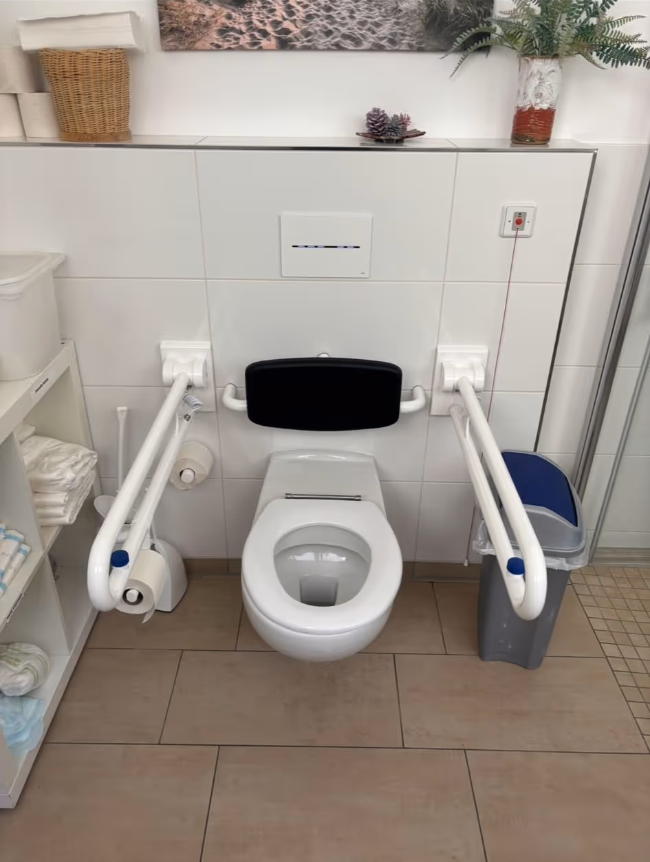Barrierefreies WC mit seitlichen Haltegriffen und Rückenlehne in einem modernen Badezimmer.