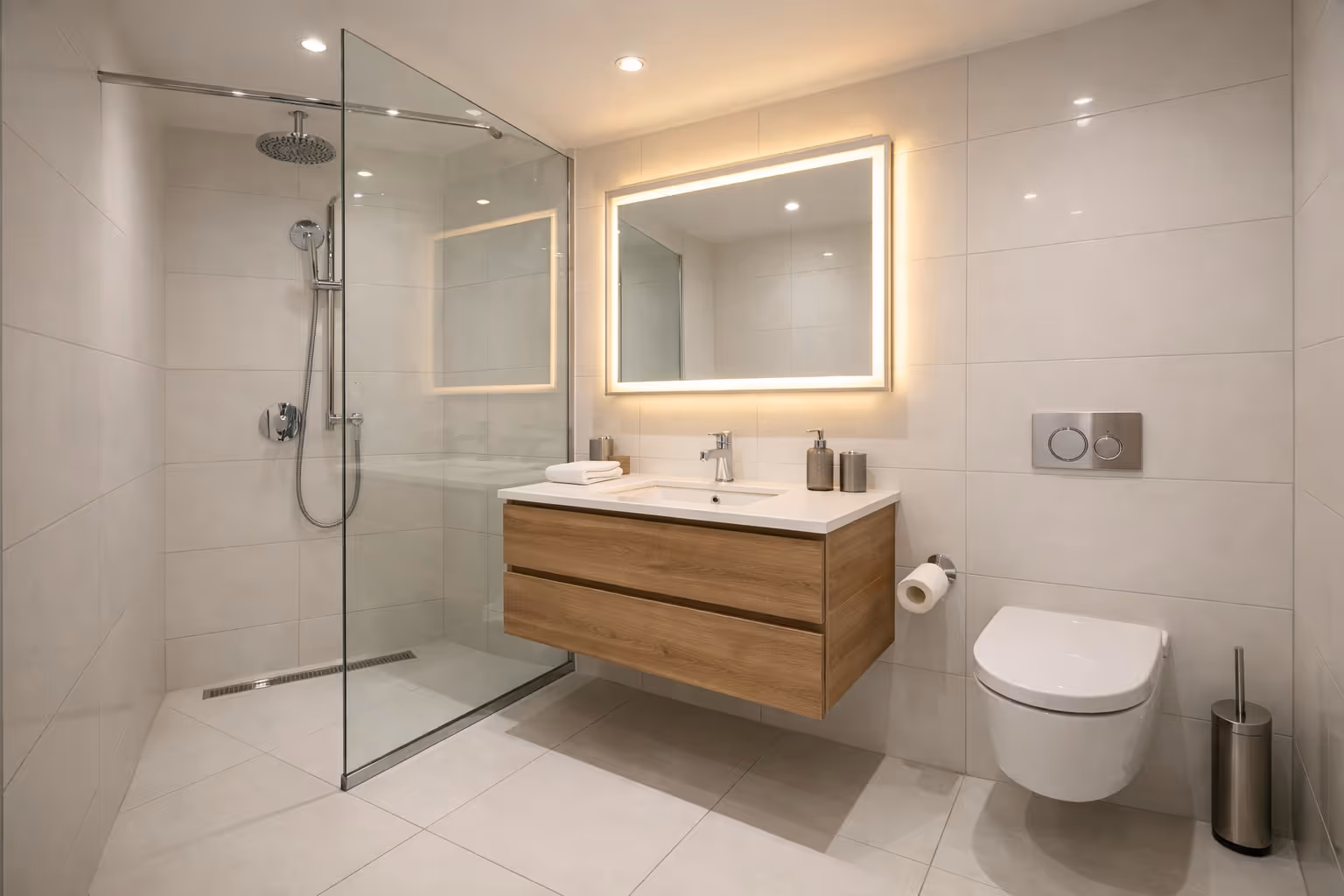 Modernes Badezimmer mit beleuchtetem Spiegel, hölzernem Waschbeckenunterschrank, begehbarer Glasdusche und wandhängendem WC.