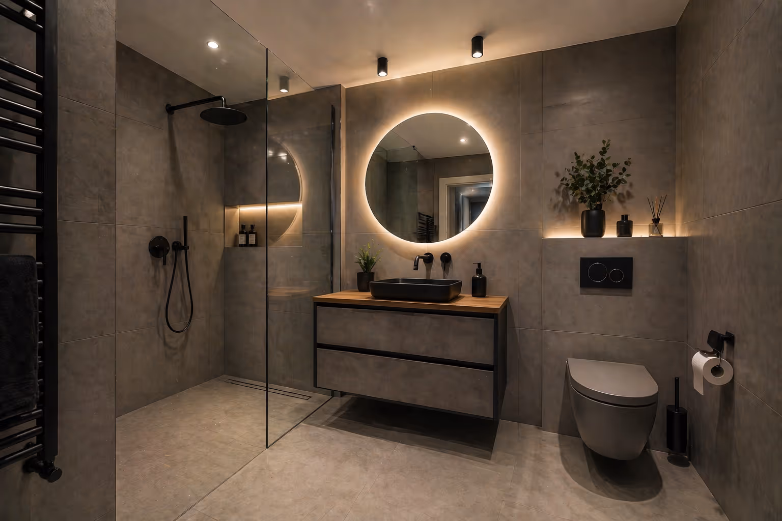 Modernes Badezimmer mit bodenebener Dusche, beleuchtetem rundem Spiegel, grauen Fliesen und schwarzem wandhängendem Waschbecken sowie Toilette.