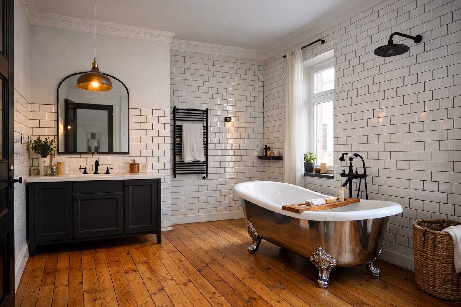 Modernes Badezimmer mit freistehender silberner Badewanne, weiß gekachelten Wänden, Holzboden und schwarzem Waschtisch mit großem Spiegel.