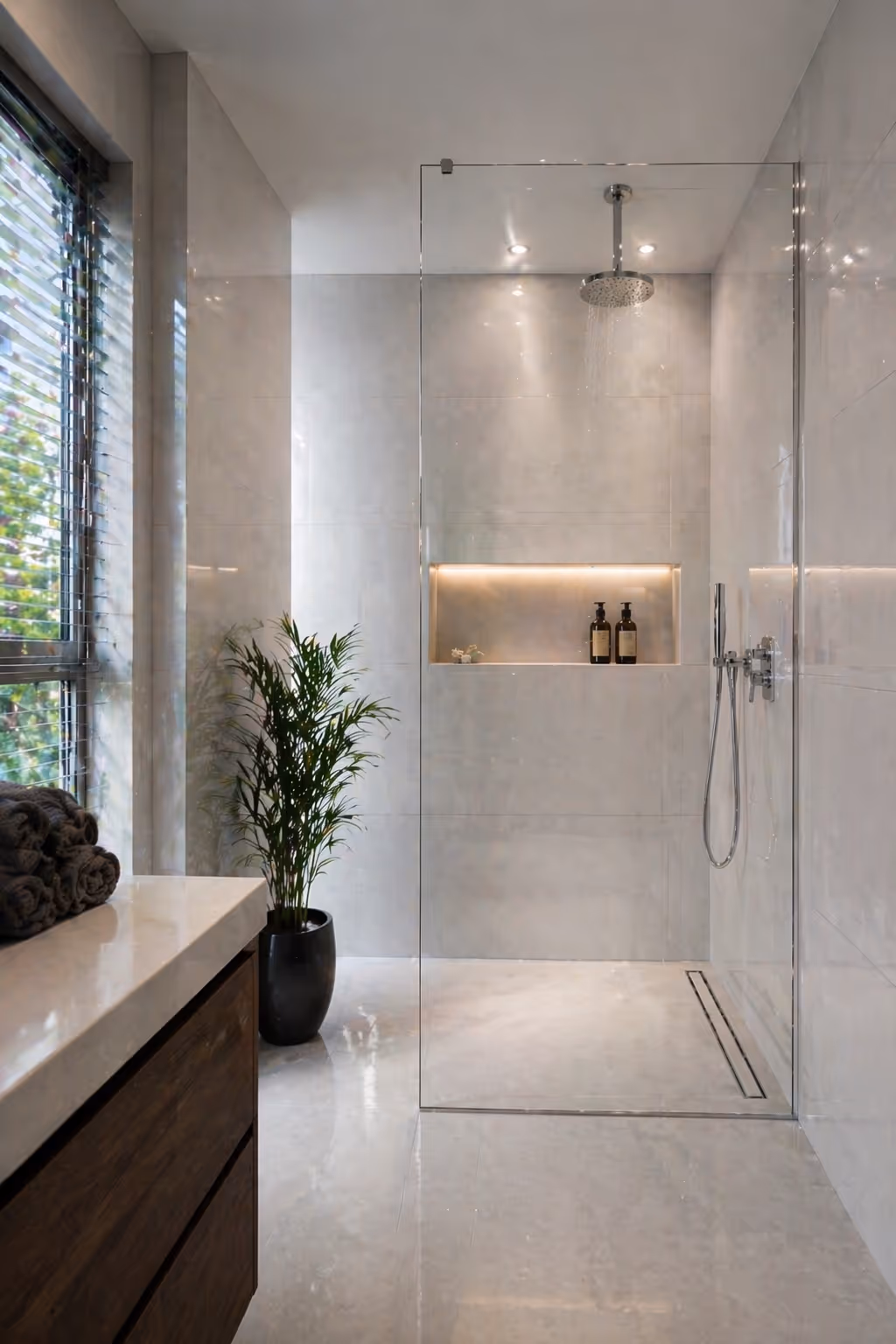 Modern bathroom with glass walk-in shower, rainfall showerhead, built-in shelf with toiletries, large window with blinds, and a potted plant.