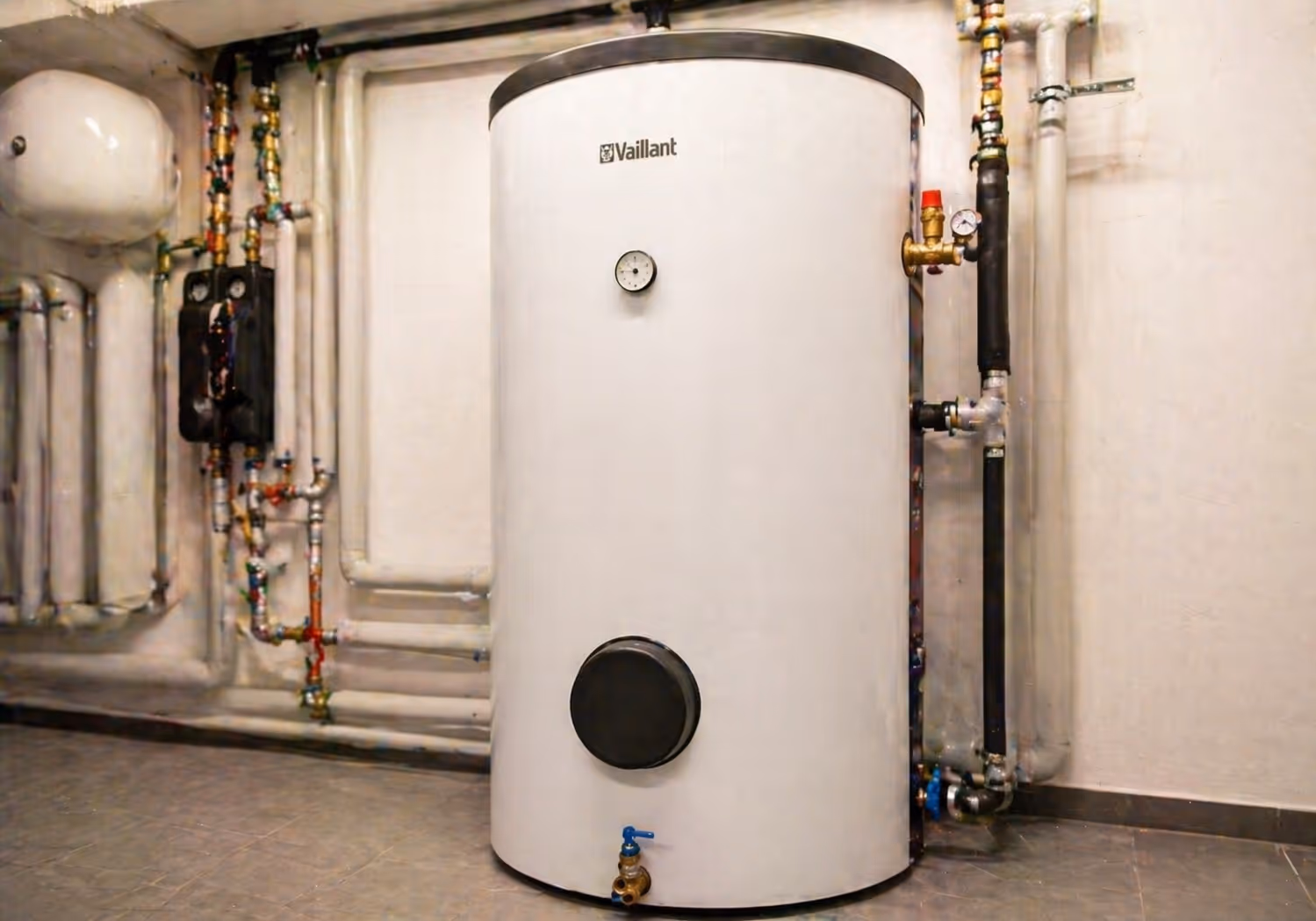 Großer weißer Warmwasserspeicher mit angeschlossenen Rohren und Ventilen in einem Heizungskeller.