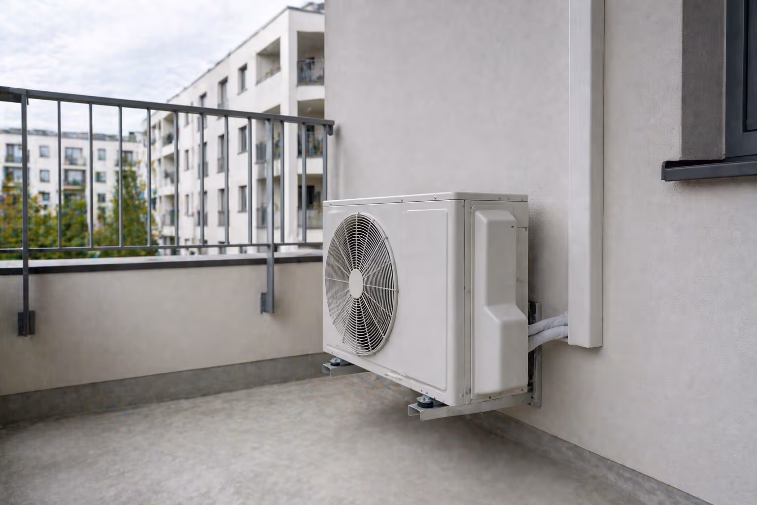 Außengerät einer Klimaanlage auf einem Balkon in einer Wohnanlage.