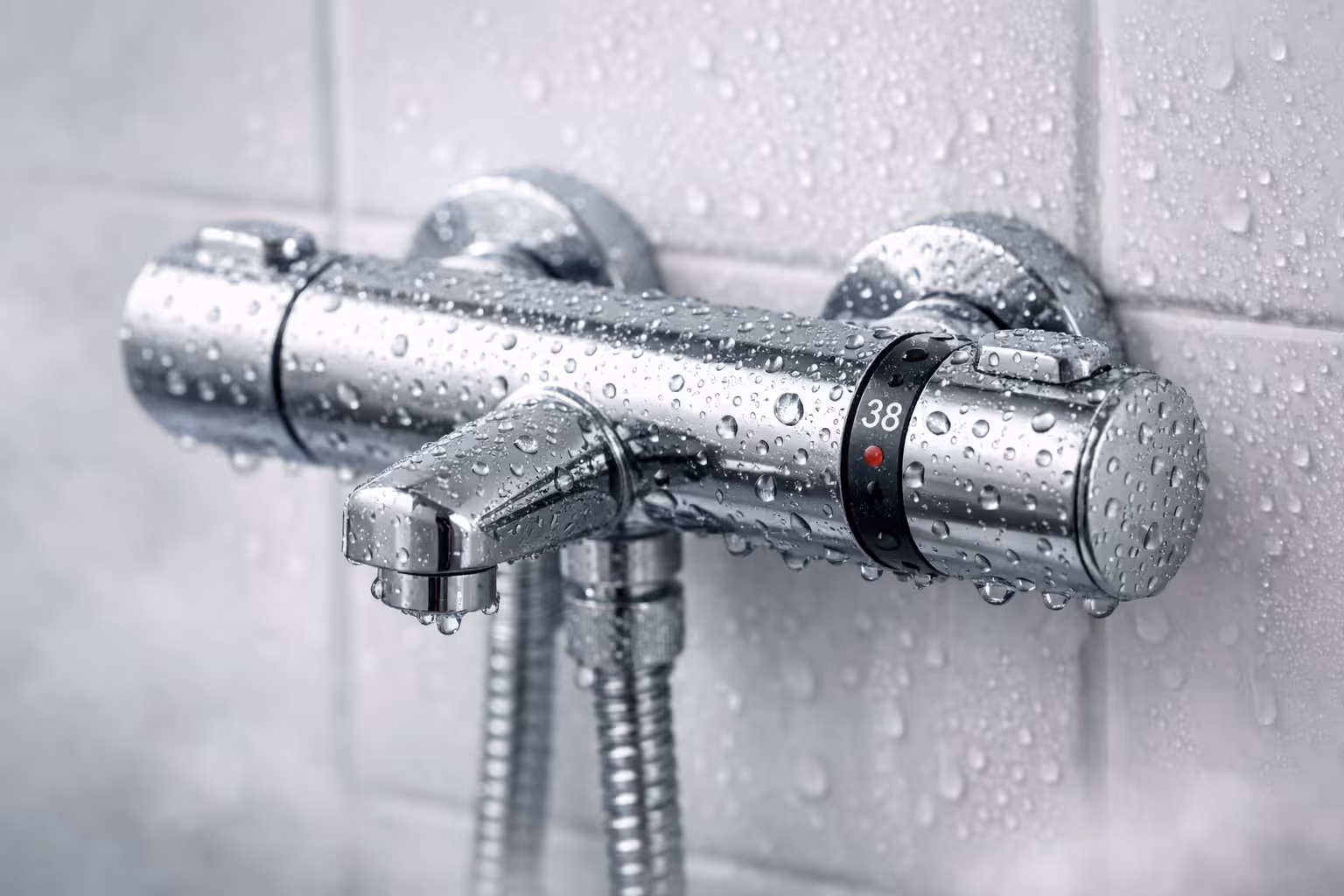 Thermostat-Duscharmatur aus verchromtem Metall mit Wassertropfen an einer weißen gefliesten Wand.