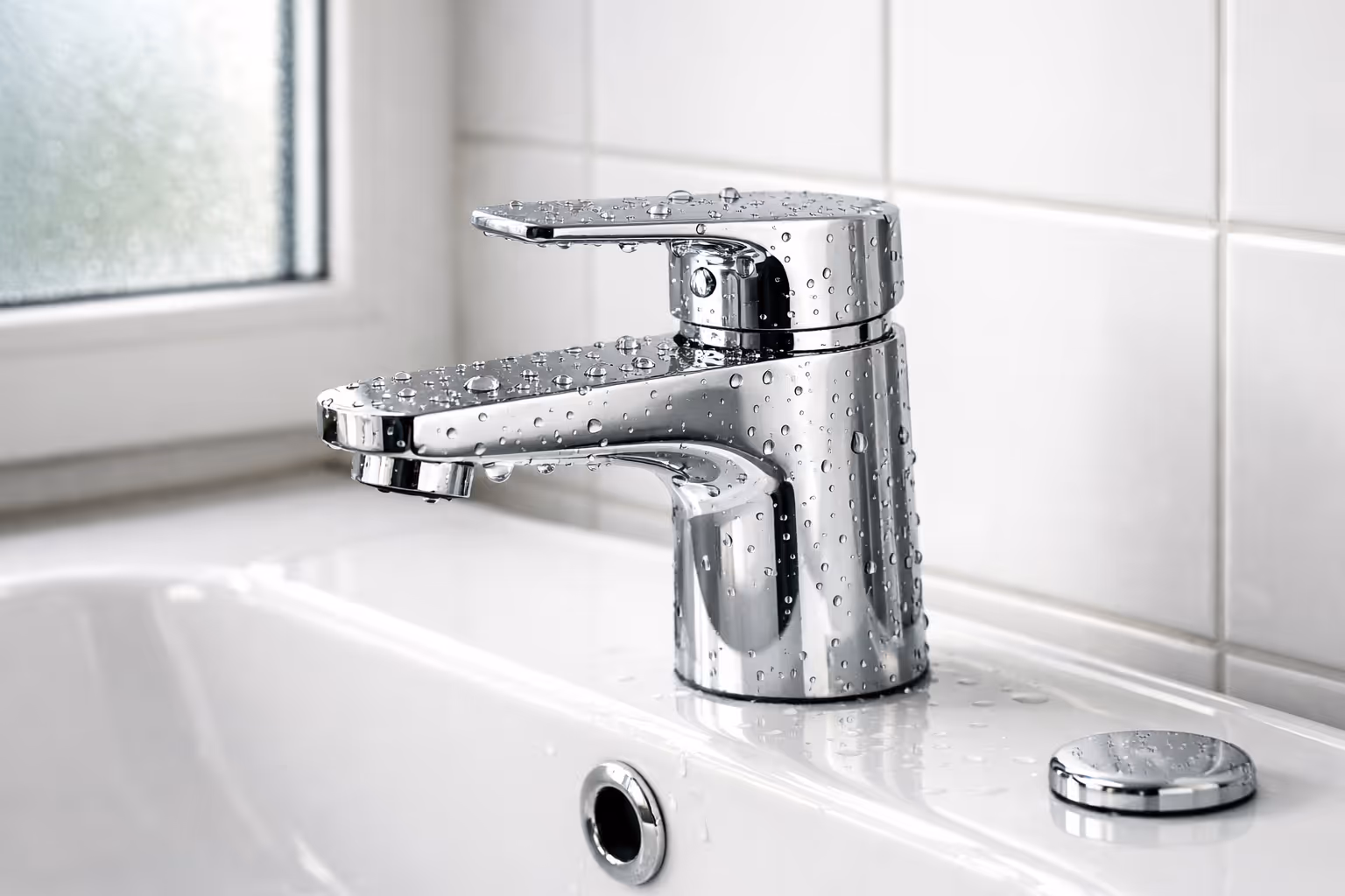 Nahaufnahme eines modernen verchromten Wasserhahns mit Wassertropfen auf der Oberfläche in einem weißen Waschbecken.