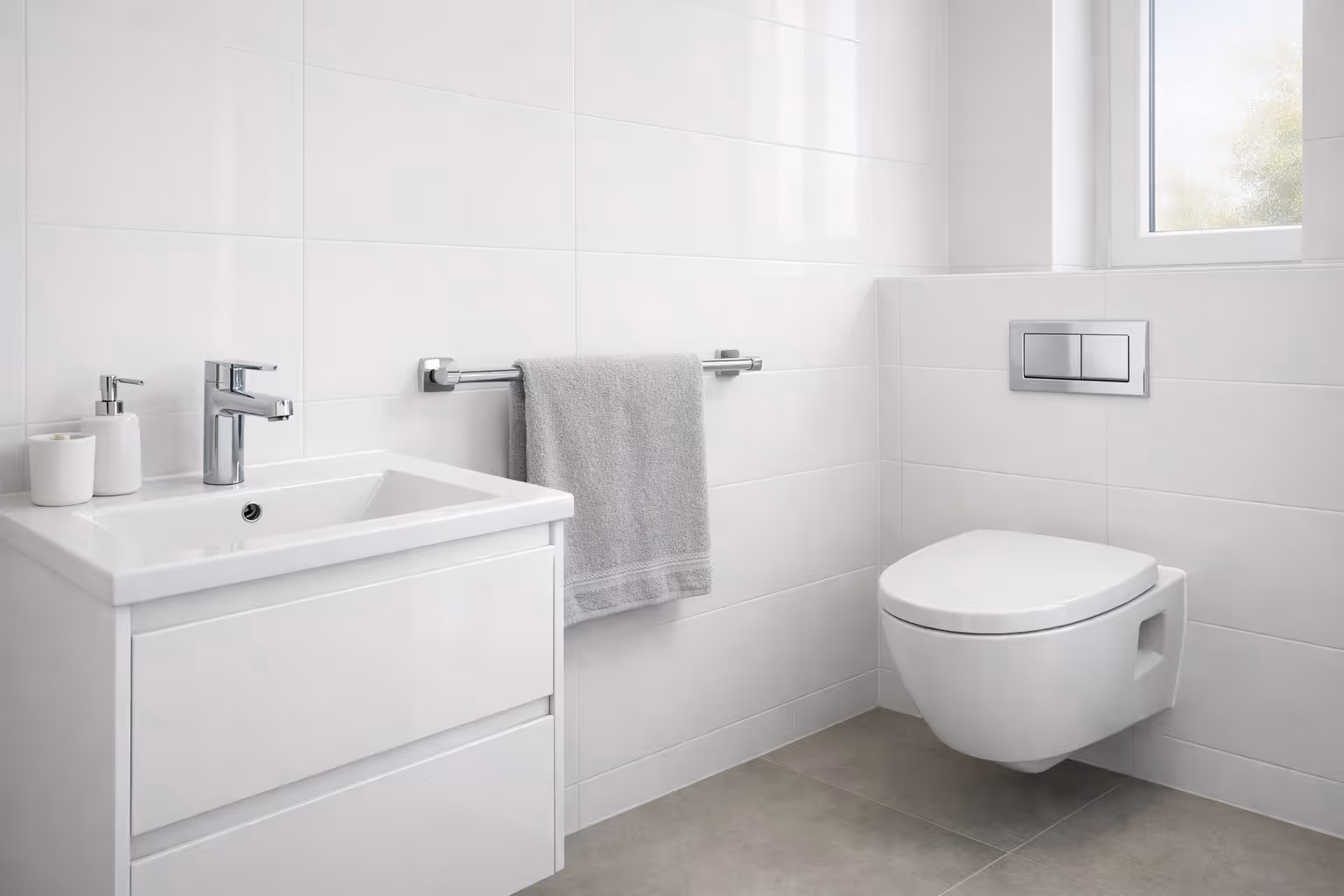 Modernes weißes Badezimmer mit Wandtoilette, Waschbecken mit Chrom-Armatur und grauem Handtuch an Handtuchhalter.