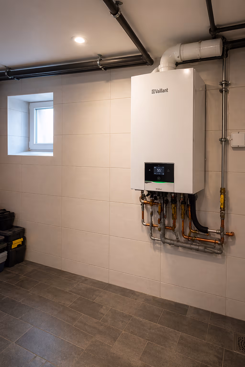 Moderne Vaillant-Heizungsanlage an einer weißen gefliesten Wand mit Rohrleitungen und kleinem Fenster in einem Technikraum.