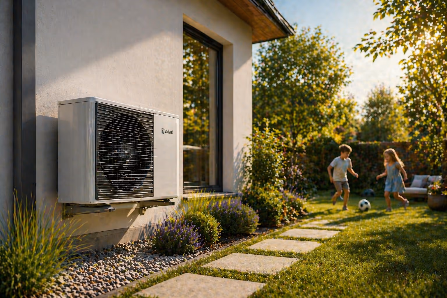 Außengerät einer Klimaanlage an der Hauswand, mit zwei Kindern, die im Garten Fußball spielen.