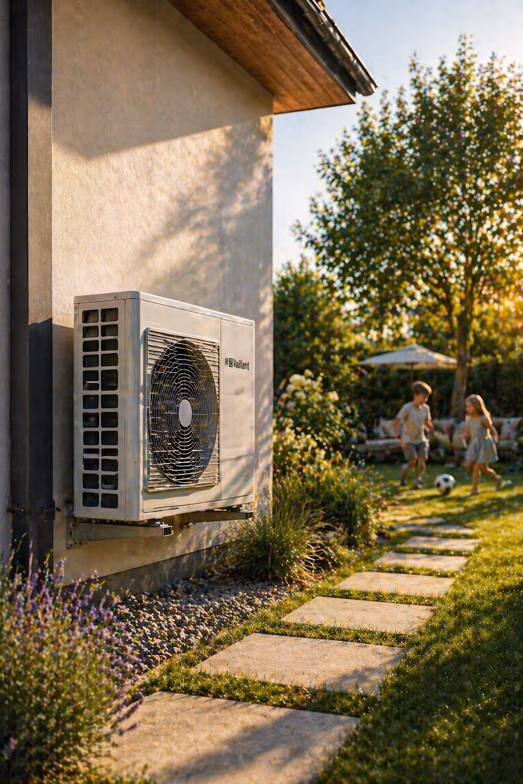 Außeneinheit einer Vaillant-Klimaanlage an einem Haus mit einem Garten und zwei Kindern, die Fußball spielen.