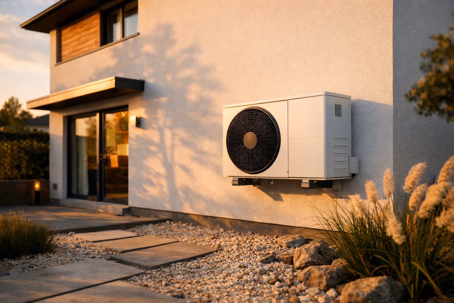 Wärmepumpeneinheit an der Außenwand eines modernen Einfamilienhauses bei Sonnenuntergang.