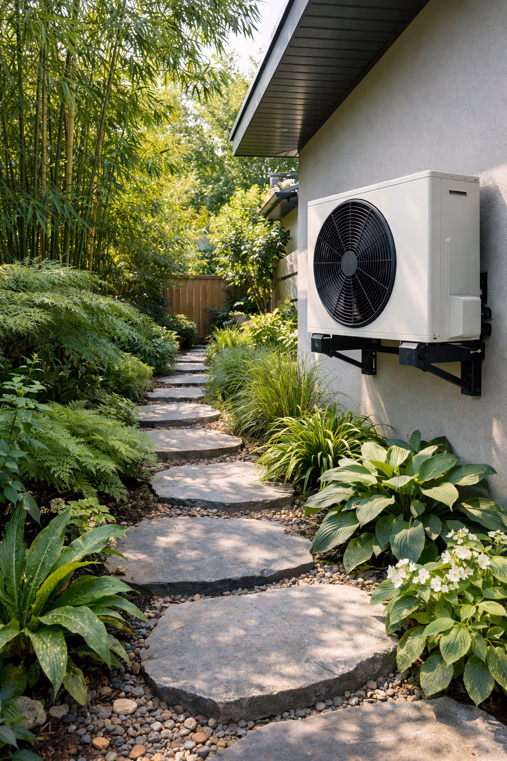 Wärmepumpe an der Hauswand neben einem mit großen Steinplatten gepflasterten Gartenweg mit üppigen grünen Pflanzen.