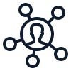 Icon mit einer zentralen Person und verbundenen Punkten, die ein Netzwerk darstellen.